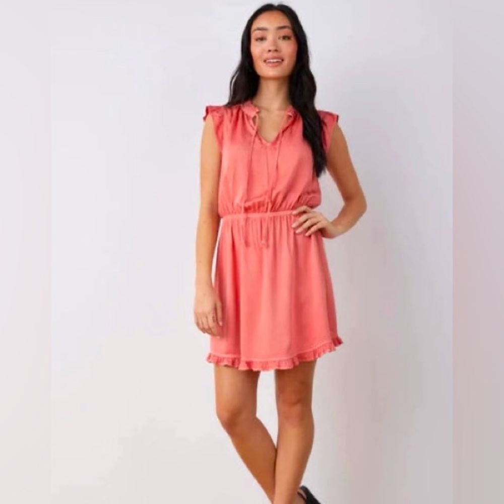 NWT Bella Dahl Ruffle Sleeve Tencel Mini Dress Tie Neck Coral Pink Womens XS